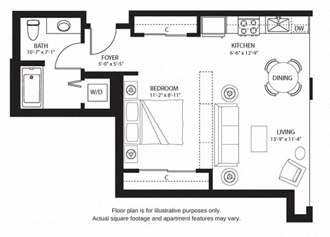 Floor plan for studio, 1 bath, 653 sqft